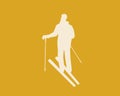 Man skiing from back isolated, silhouette vector stock illustration with color yellow skier or Man with skis and ski poles