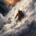 Man is skiing down snow-covered mountain surrounded by clouds. Royalty Free Stock Photo