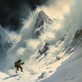 Man is skiing down snow-covered mountain surrounded by clouds. Royalty Free Stock Photo