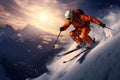 A man skiing down in the snowy mountains. Freeride. Downhill skiing from the mountainside. Beautiful mountain landscape.