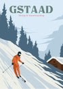 man skiing in gstaad poster vintage illustration design, ski slope ins switzerland poster design