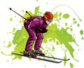 Man skiing illustration, rounded shapes cartoon style, skier slide