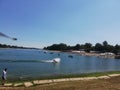 A man skiing on lake Ada Ciganlija in Belgrade, Serbia.