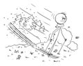 Man Skiing On Snow, Winter Ended, Spring Begins.Vector Cartoon Stick Figure Illustration Royalty Free Stock Photo