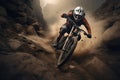 A man skillfully maneuvering his dirt bike through a rugged rocky landscape., Mountain bike rider riding a bicycle off-road over Royalty Free Stock Photo