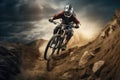 A man skillfully maneuvers his dirt bike on the peak of a majestic mountain., Mountain bike rider riding a bicycle off-road over Royalty Free Stock Photo