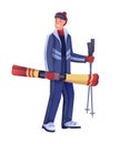 Man with slalom skis and poles in hands. Vacation at mountain ski resort vector illustration. Young happy guy in