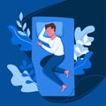 Man sleep in bed at night vector illustration. Guy in pajama having a sweet dream in bedroom Royalty Free Stock Photo