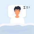 Man sleep in bed. Person having a dreamful slumber in bed on a pillow with some sleeping sound