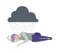 Man sleep. Depression, sad alone male under rainy cloud. Isolated flat depressed worker, tired manager or businessman