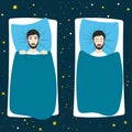 Man with sleep problems and insomnia symptoms versus good sleep man. Flat  illustration Royalty Free Stock Photo