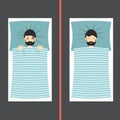 Man with sleep problems and insomnia symptoms versus good sleep man Royalty Free Stock Photo