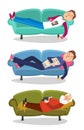 Man sleep on sofa vector illustration. Sleeping young and old men couch character person