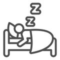 Man sleeping in bed line icon, Diet concept, Sleeping person sign on white background, healthy sleep icon in outline