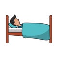 Man sleeping on bed sideview cartoon