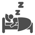 Man sleeping in bed solid icon, Diet concept, Sleeping person sign on white background, healthy sleep icon in glyph