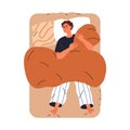 Man sleeping in bed, top view. Sleeper lying, relaxing on pillow, back position. Person asleep, dreaming, resting