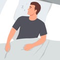Man sleeping in bed - vector illustration of person lying in bedroom snoring and having a sleep Royalty Free Stock Photo