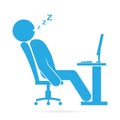 Man sleeping front of computer on work table blue icon Royalty Free Stock Photo