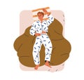 Man sleeping, lying on back. Person asleep, relaxing in pajamas on mattress, pillow. Dreaming reposing character in bed