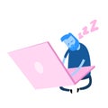 Man sleeping over laptop. Cartoon design icon. Flat vector illustration. Isolated on white background. Royalty Free Stock Photo