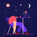 Man sleeping on the table. Tired male modern character working on laptop against the night starry sky and moon. Flat vector Royalty Free Stock Photo