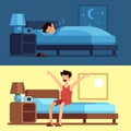 Man sleeping waking up. Person under duvet at night and getting out of bed morning. Peacefully sleep in comfy mattress Royalty Free Stock Photo