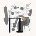 Man sleeping at the workplace behind a laptop, professional burnout, fatigue, overwork in the office, illustration in flat style Royalty Free Stock Photo