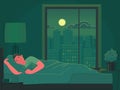 The man sleeps in bed at night. Healthy sleep in a big city. Vector illustration