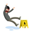 Man slipped on wet floor. Danger and risk. Sliding on puddle of water. Royalty Free Stock Photo