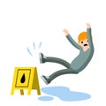 Man slipped on wet floor. Danger and risk. Sliding on puddle of water. Royalty Free Stock Photo