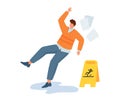 Man slipping on wet floor beside caution sign. Person loses balance at workplace. Accident prevention and safety vector