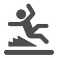 Man slipping on wet floor solid icon, waterpark concept, Wet floor sign on white background, Falling person silhouette