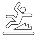 Man slipping on wet floor thin line icon, waterpark concept, Wet floor sign on white background, Falling person