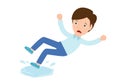 Man slips on wet floor Vector. Danger of slipping, Caution Sign. Isolated Flat Cartoon Character Illustration