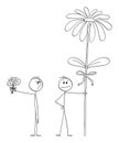 Man With Small Valentine Bouquet Is looking at Big Flower of Another Man or Lover, Vector Cartoon Stick Figure