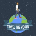 The man with smart phone goes around the globe.Travel. Vector il