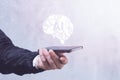 Man with smartphone displaying a holographic AI brain. Concept artificial intelligence and technology innovation