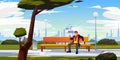 Man with smartphone sitting on bench in city park Royalty Free Stock Photo
