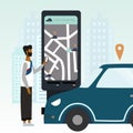 Man with smartphone take a car by online city car sharing service. Mobile transportation concept for banner, background, web