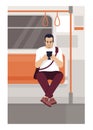 Man with smartphone in train semi flat vector illustration Royalty Free Stock Photo