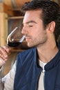 Man smelling red wine fragrances Royalty Free Stock Photo