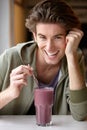 Man, smile and portrait for smoothie health nutrition, diet groceries or juice fruit. Male person, closeup and breakfast