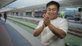 Man smiles with clasped hands beside blue train on platform building at railway station; optimism journey Royalty Free Stock Photo