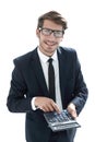 Man points to the calculator and looks at the camera Royalty Free Stock Photo