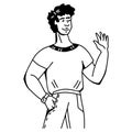 Man smiling waving hand in greeting gesture, line art vector illustration isolated.