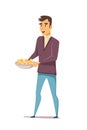 Man with snacks in plate flat character Royalty Free Stock Photo