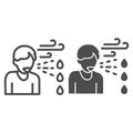 Man sneezes or coughs line and solid icon. Person sprays virus in air around outline style pictogram on white background