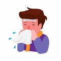 Man sneezing ill, fever, sick with influenza cartoon flat illustration vector