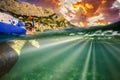 Man in snorkeling mask dive under water. Happy family. Summer holiday. Diving in the sea. Royalty Free Stock Photo